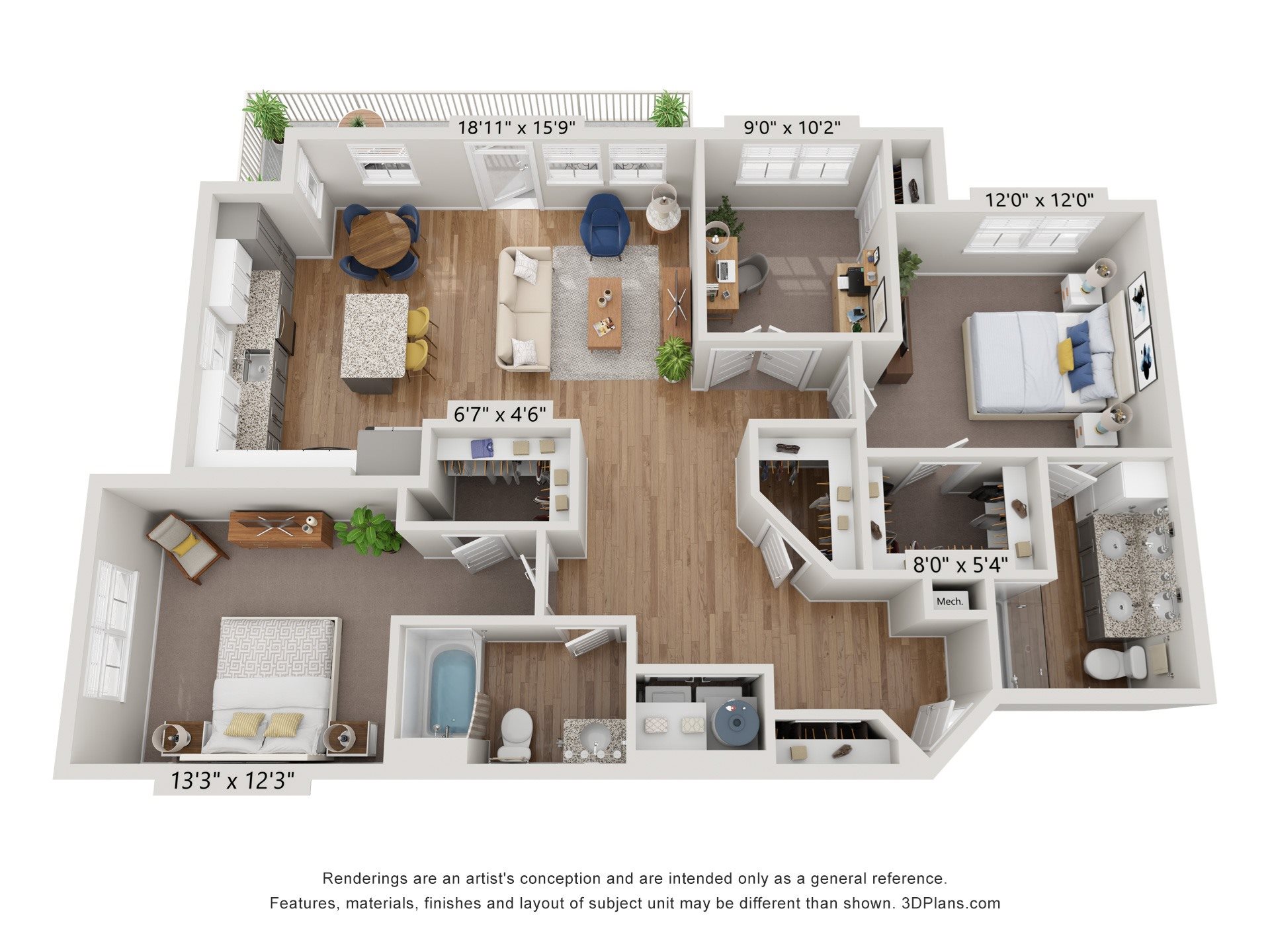 A 3D floor plan of a house with labeled dimensions.,A 3D floor plan of a house with labeled dimensions.